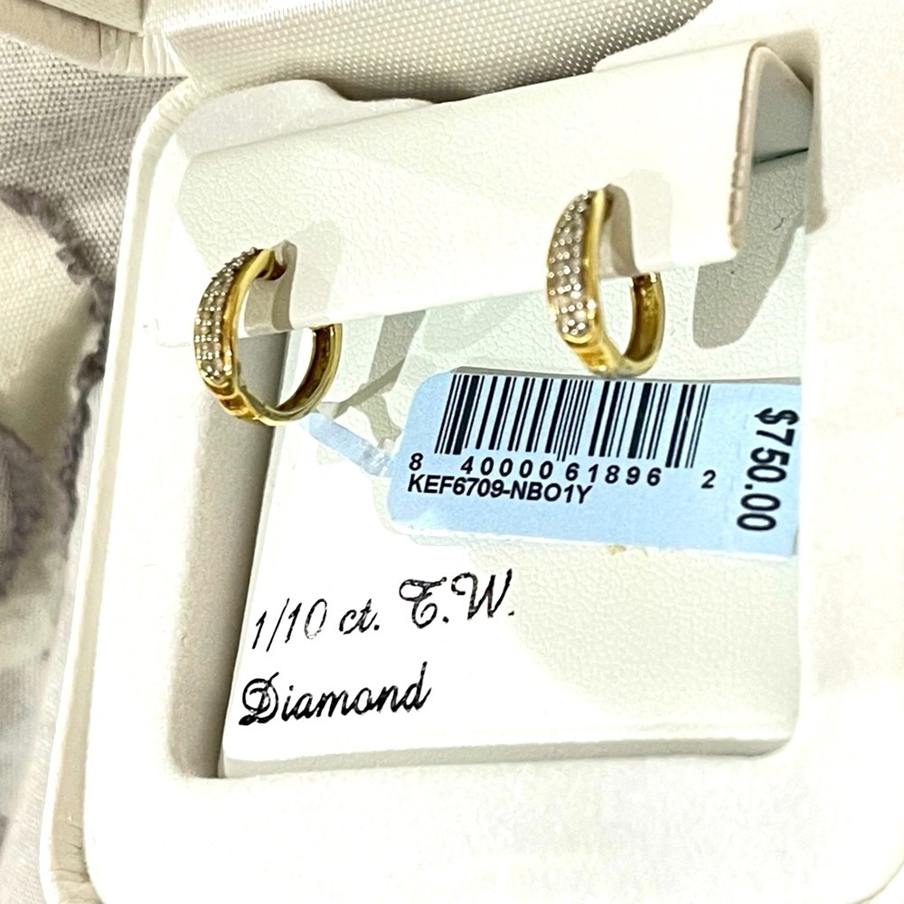 14K Yellow Solid Gold Real Diamonds Hoops - Picture 3 of 3